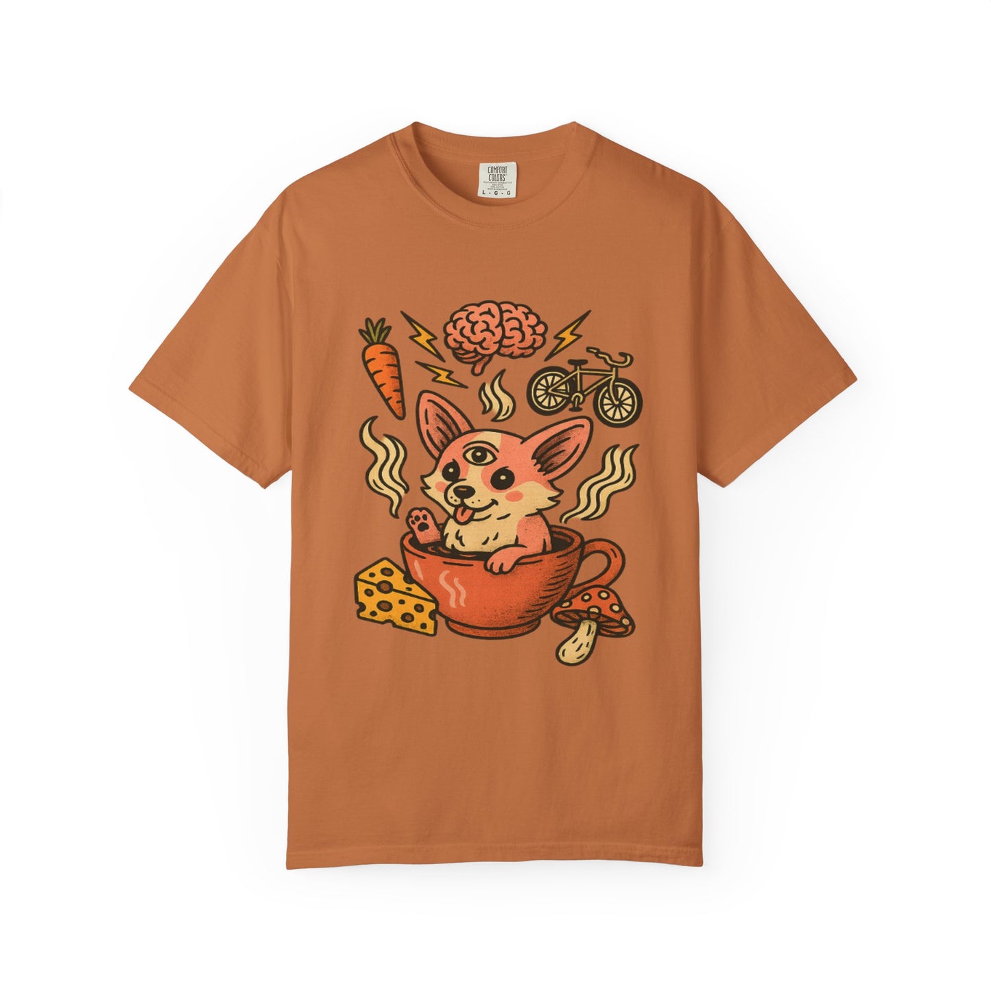 Playful Cartoon Corgi T-Shirt - Unisex Garment-Dyed Tee featuring Fun Food & Activities Design