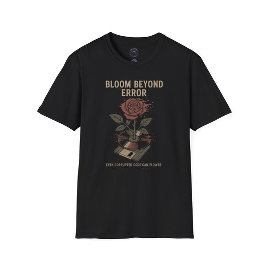 Bloom Beyond Error Tee — Glitched Rose & Floppy Disk Graphic