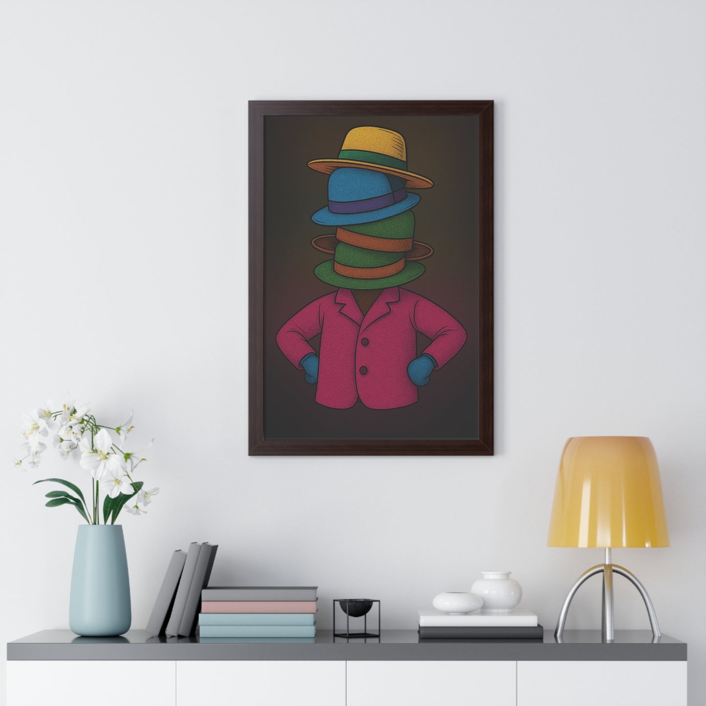 Many Hats Poster – Surreal Stacked Hat Character Wall Art Print
