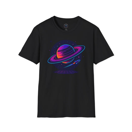Neon Saturn Synthwave T-Shirt – Retro 80s Space Planet Tee