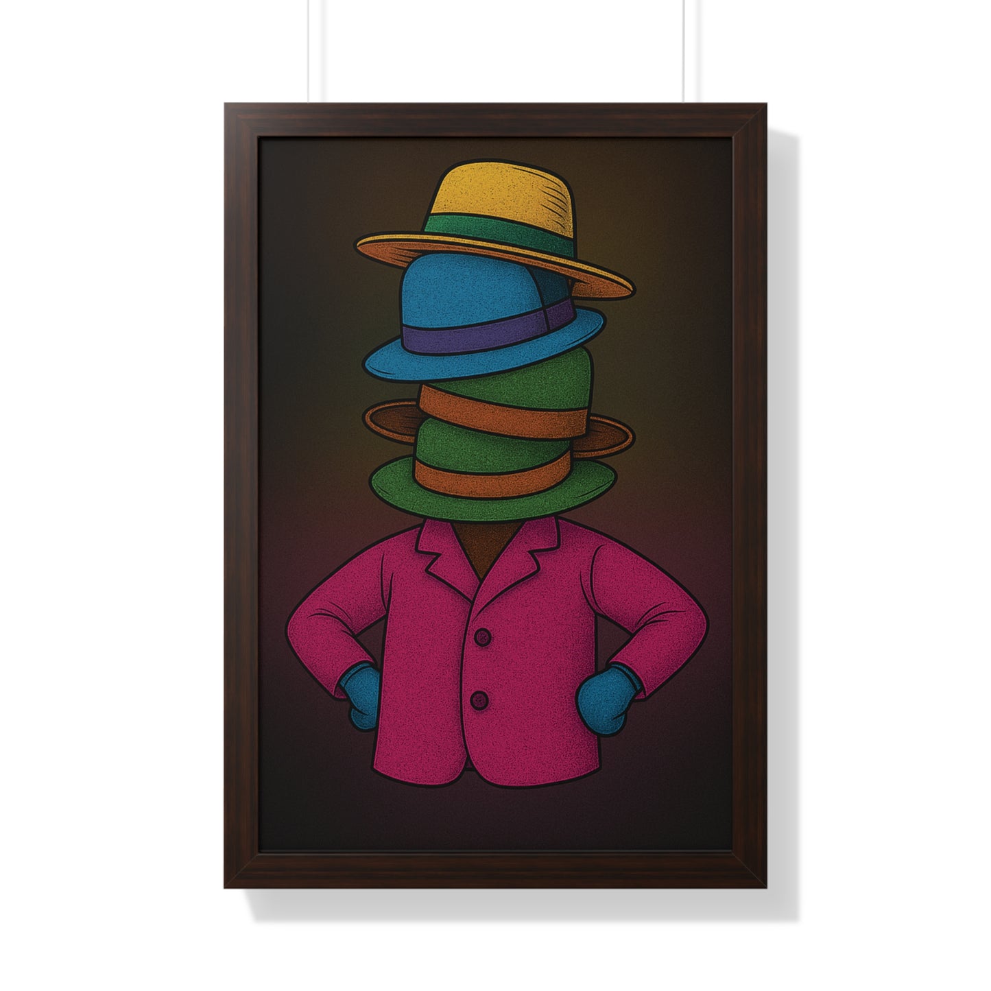 Many Hats Poster – Surreal Stacked Hat Character Wall Art Print