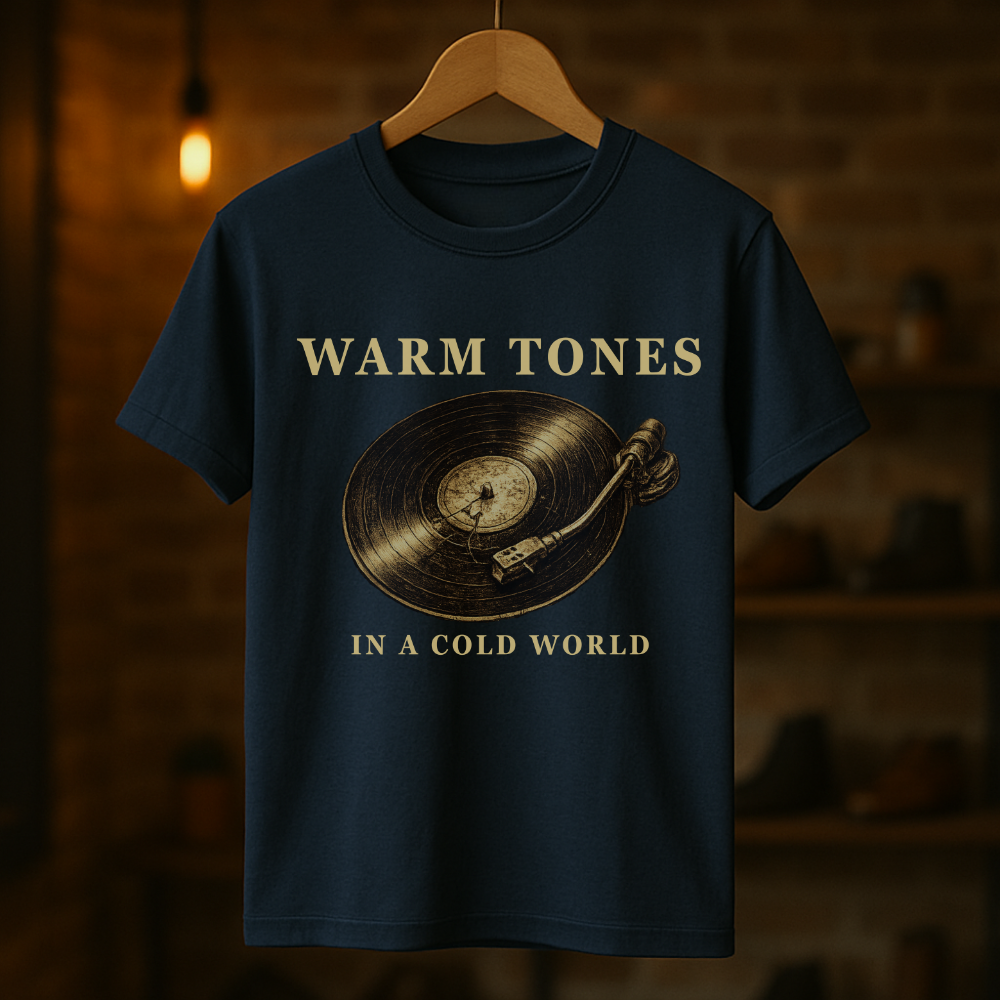Navy blue t-shirt with vinyl record graphic and text 'Warm Tones in a Cold World' on a wooden hanger against a dark background.