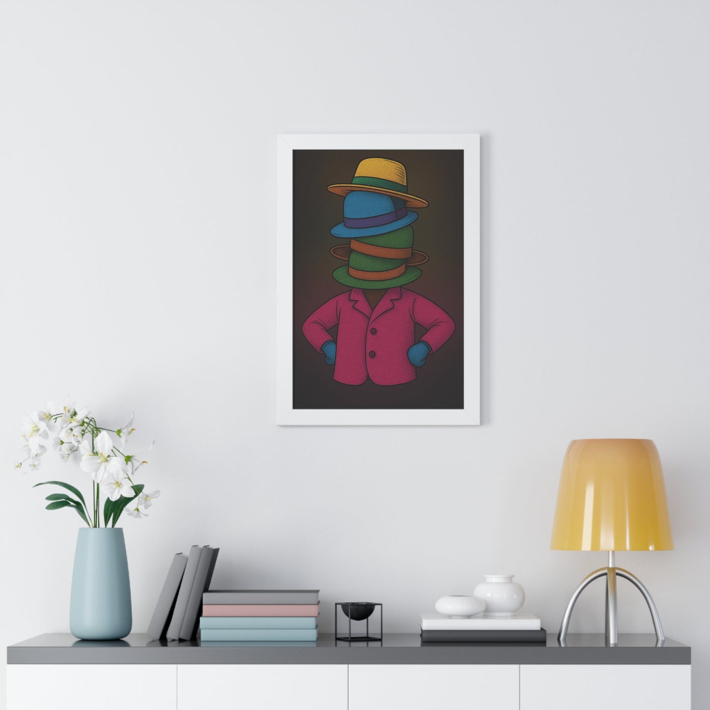 Many Hats Poster – Surreal Stacked Hat Character Wall Art Print