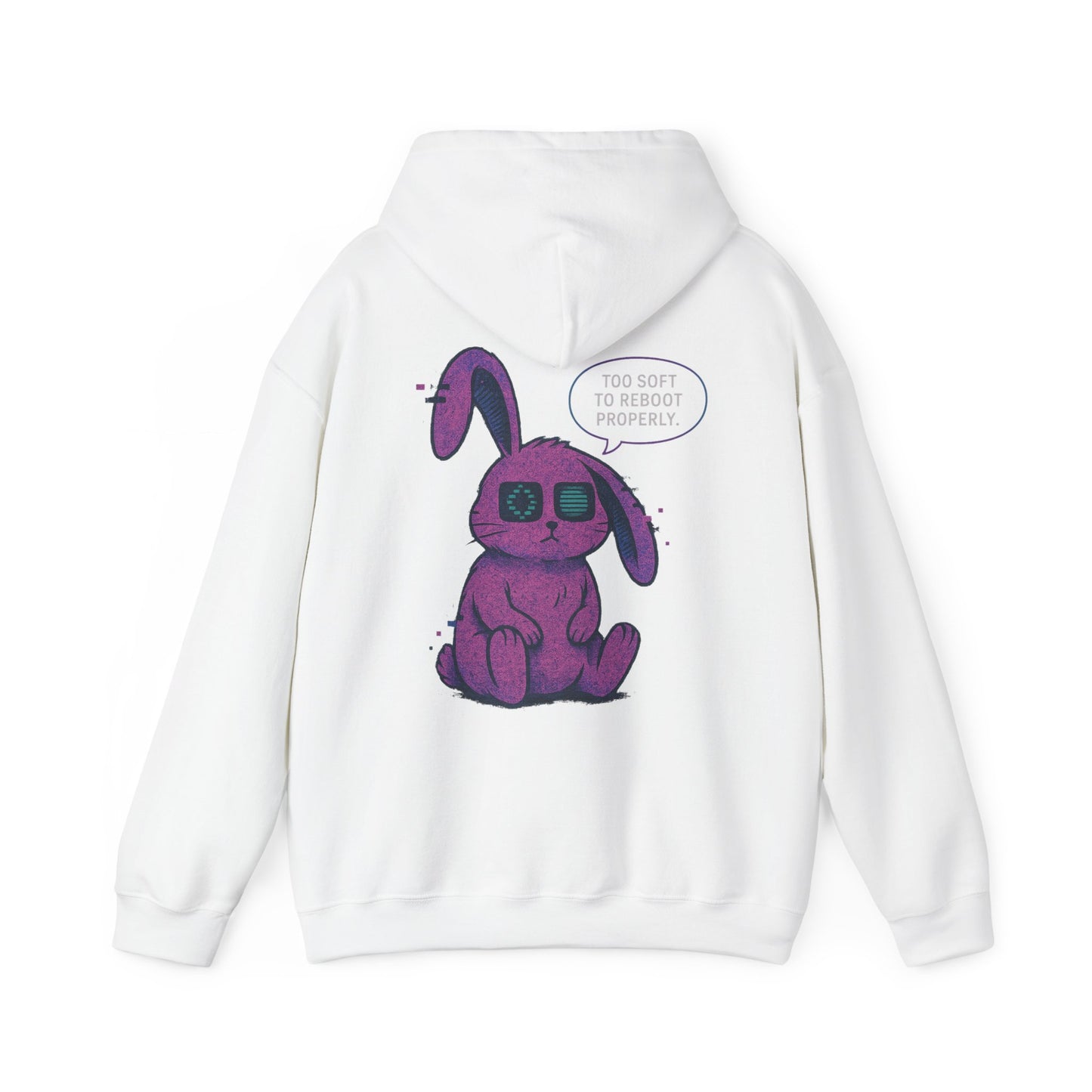 "Too Soft to Reboot" Glitch Bunny Hoodie – Cybercore Plush Goth Aesthetic