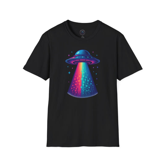 Neon UFO Pixel Beam Tee – Retro Vaporwave Space T-Shirt