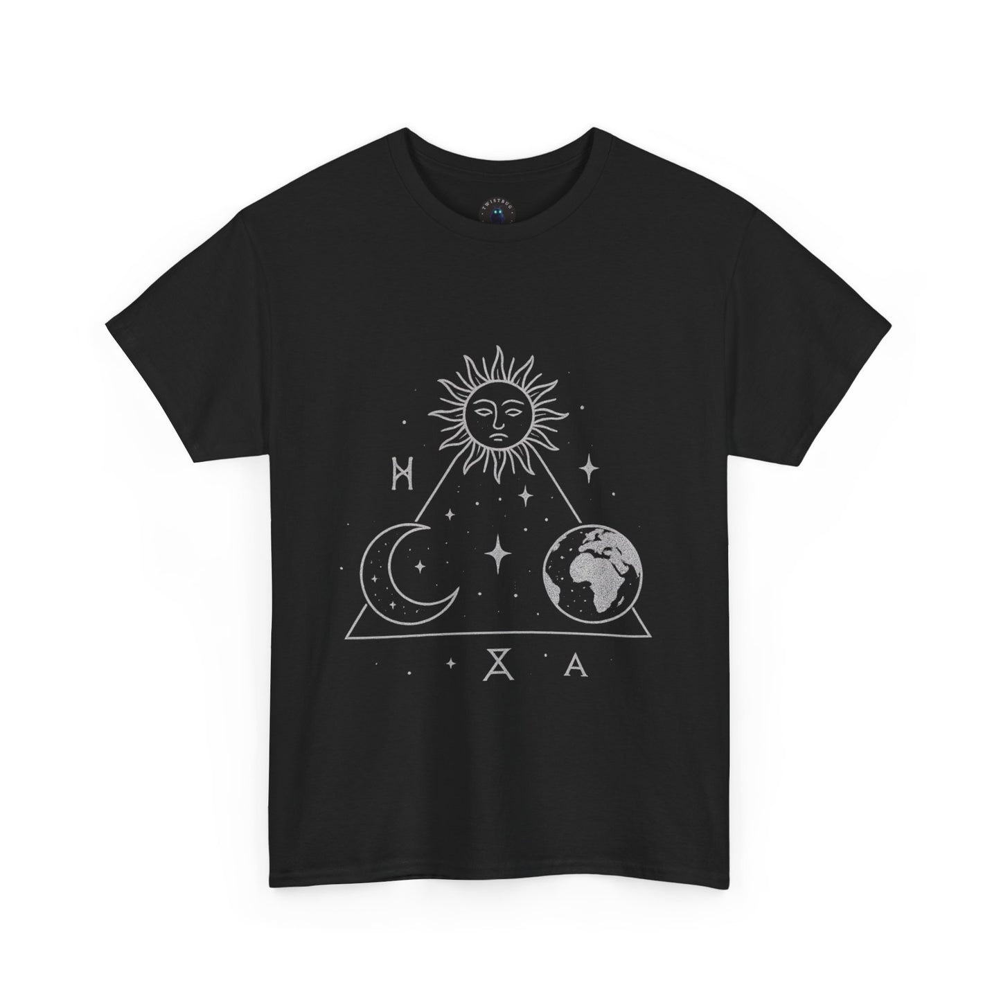 Solar Triad T-Shirt – Mystic Sun Moon Earth Symbolic Tee | Twistbug
