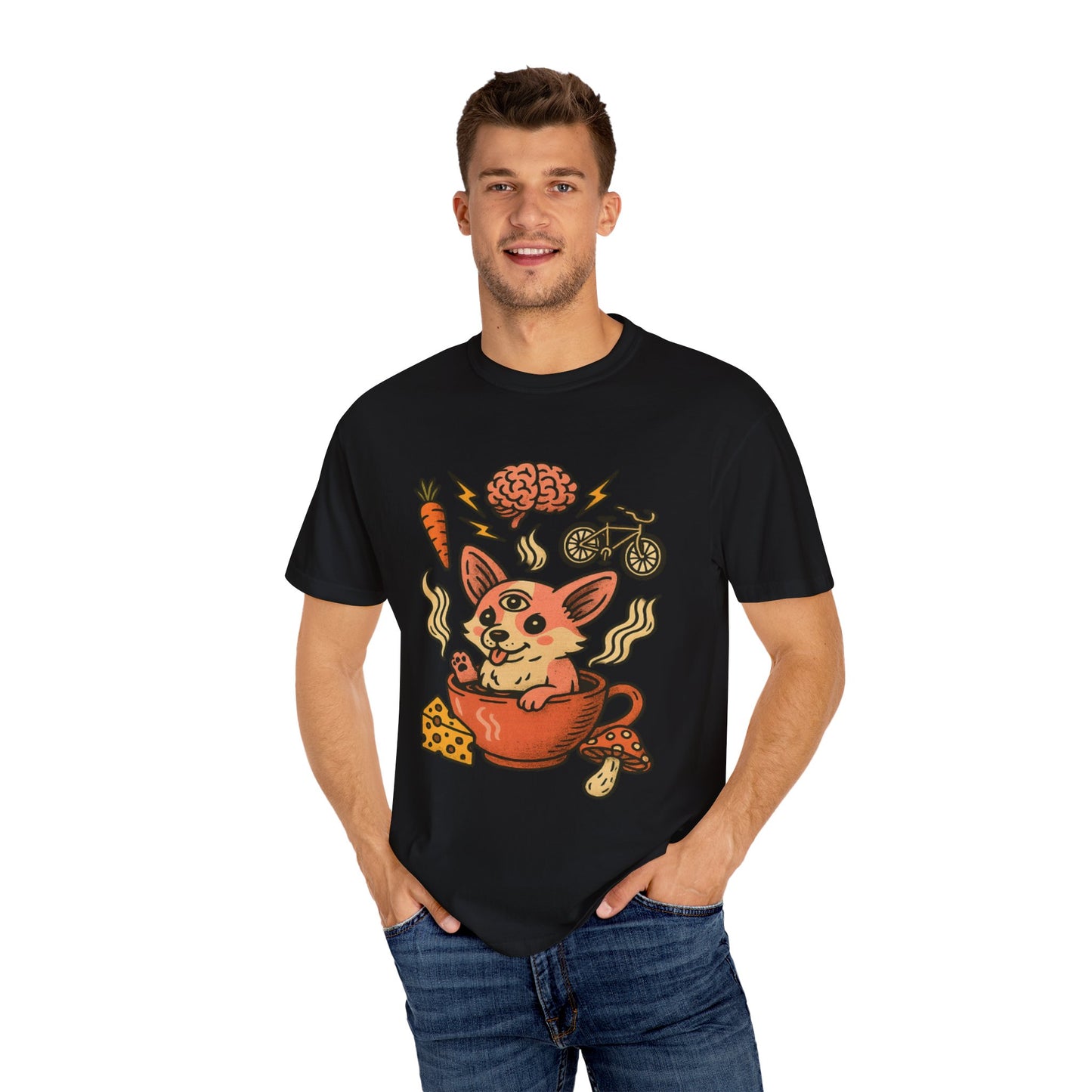 Playful Cartoon Corgi T-Shirt - Unisex Garment-Dyed Tee featuring Fun Food & Activities Design