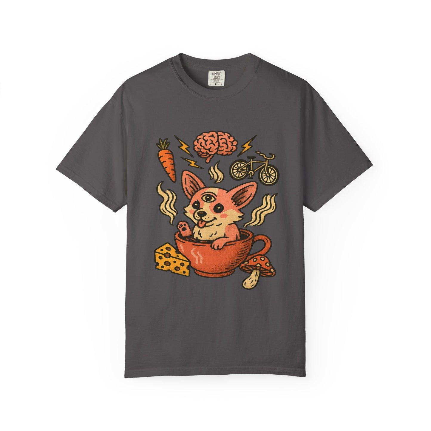 Playful Cartoon Corgi T-Shirt - Unisex Garment-Dyed Tee featuring Fun Food & Activities Design