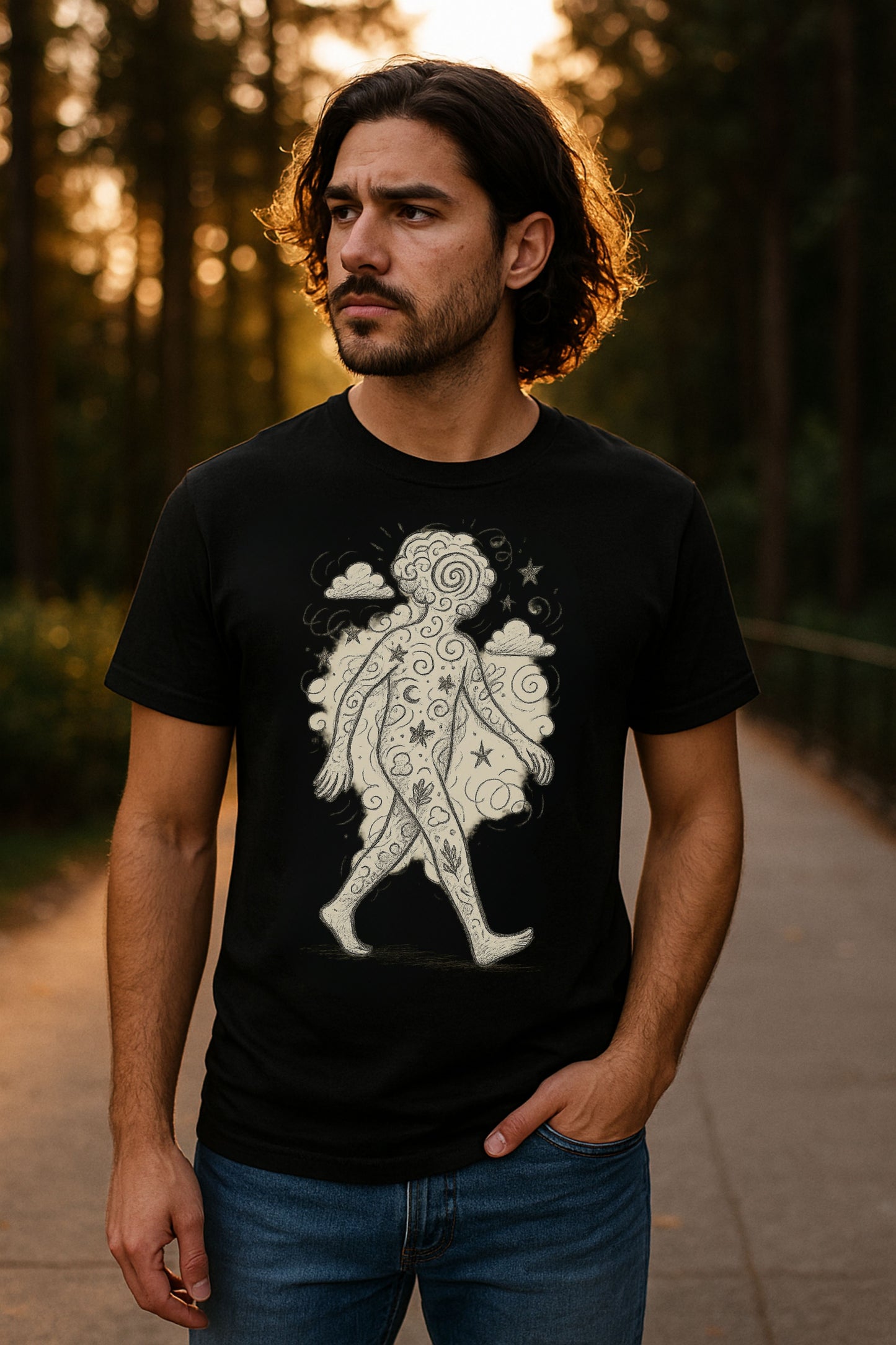 Wanderer of the Elements T-Shirt – Surreal Sketch Cosmic Nature Graphic Tee | Twistbug