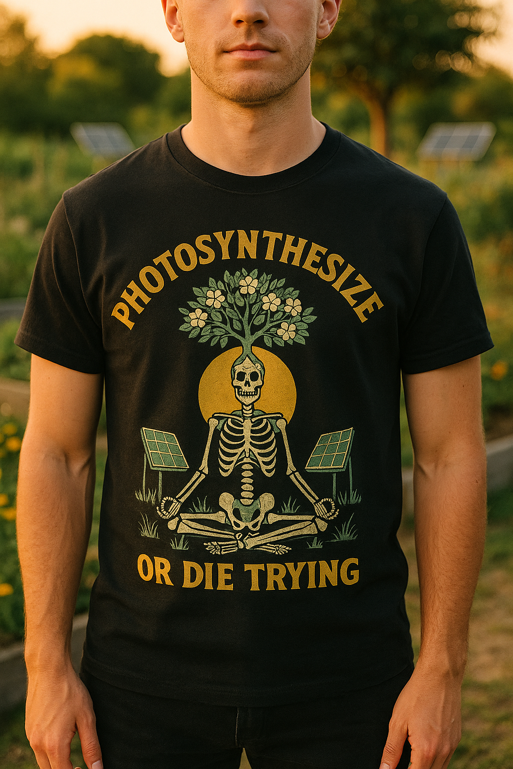 Photosynthesize or Die Trying T-Shirt – Botanical Skeleton, Solar Panels & Tree | By Twistbug