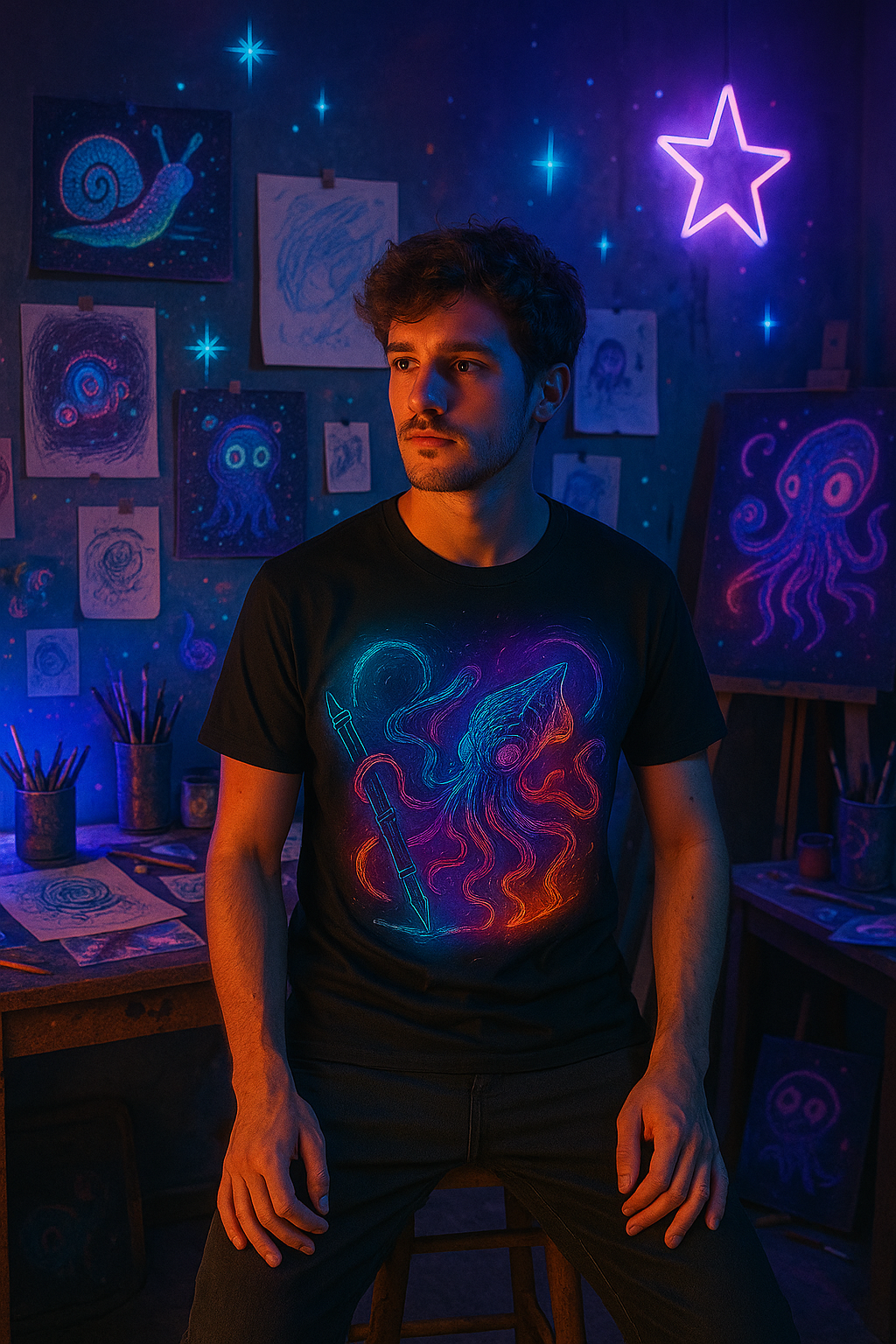 Inkspawn T-Shirt – Neon Cosmic Squid Drawing Graphic Tee | Twistbug