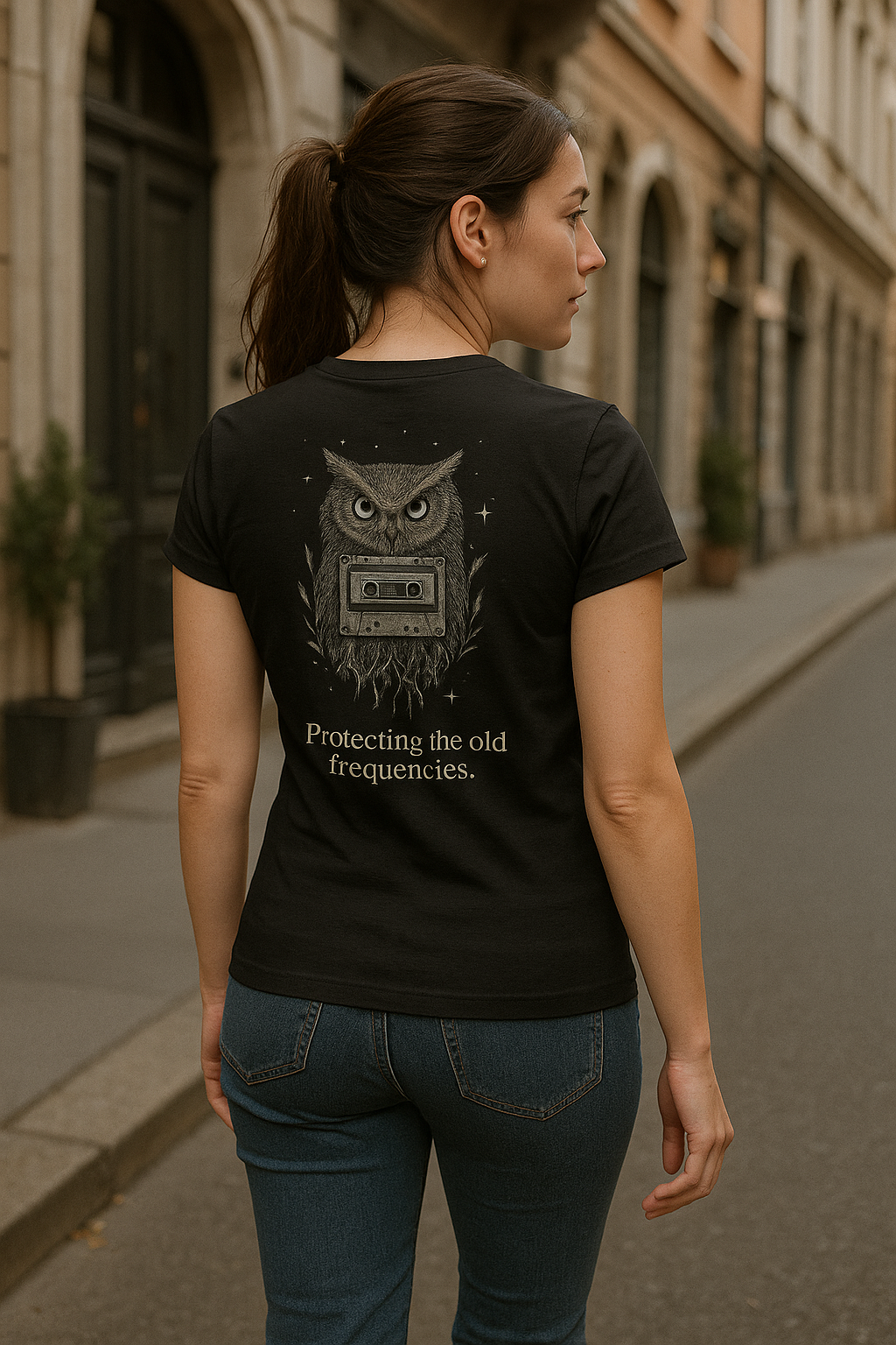 Guardian Frequencies Women’s T-Shirt – Retro Cassette Owl Design | Twistbug