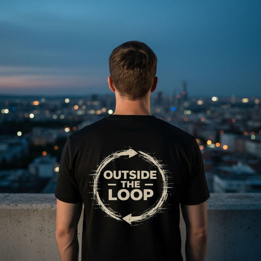 Person wearing a black t-shirt with 'Outside the Loop' design, standing against a city skyline at night.