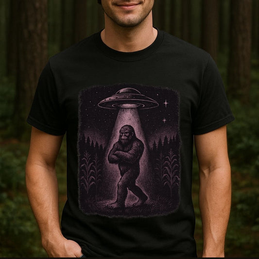 Bigfoot UFO Abduction T-Shirt — Retro Sasquatch Alien Tee