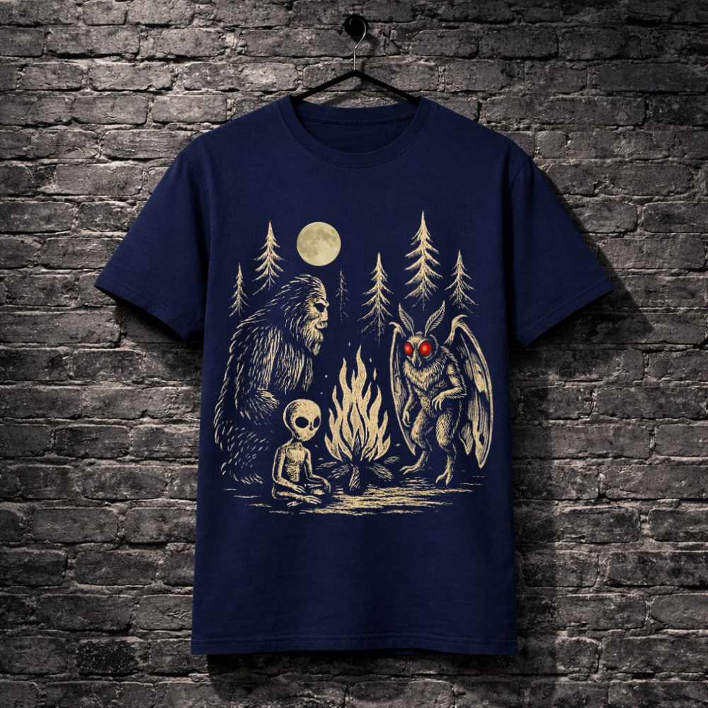Navy blue t-shirt with a graphic of a bear, alien, and creature around a campfire against a moonlit forest background, hanging on a brick wall.