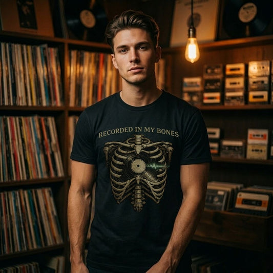 Man wearing a black t-shirt with a graphic design in a room with vinyl records and tapes.