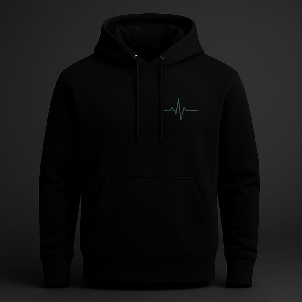 Black premium hoodie with small heartbeat chest print, Analog Soul design by Twistbug