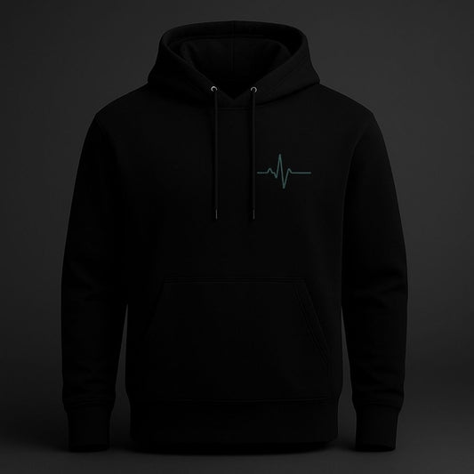 Black premium hoodie with small heartbeat chest print, Analog Soul design by Twistbug