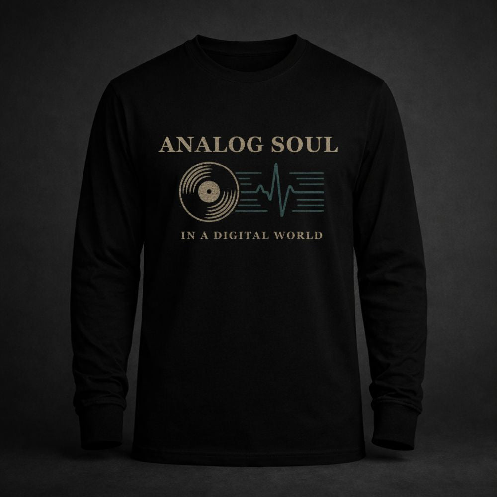 Analog Soul long sleeve black shirt with vinyl record and heartbeat design by Twistbug