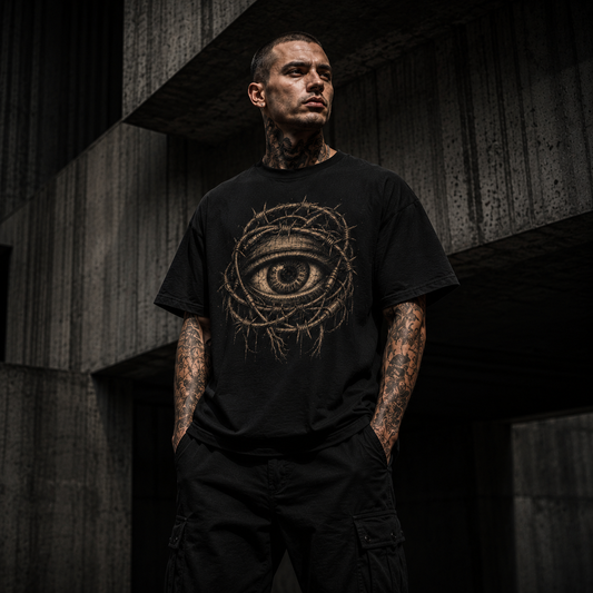 Man wearing a black t-shirt with an eye design in a dark, industrial setting
