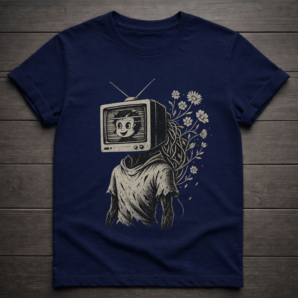 Navy blue t-shirt with a graphic design of a person with a TV head and flowers on a wooden surface