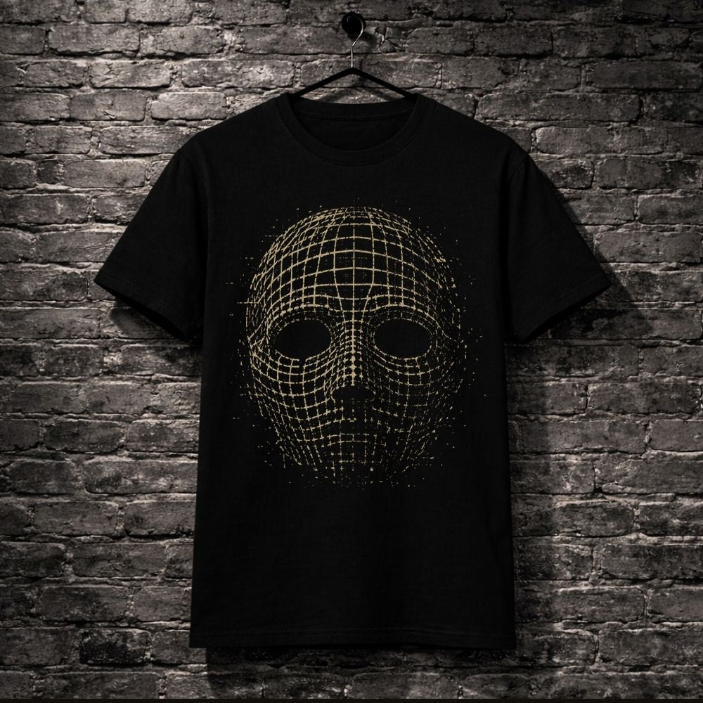 A black short-sleeve t-shirt hanging on a black hanger against a dark gray brick wall. The shirt features a large graphic print of a wireframe digital mask in a gold/yellow color.