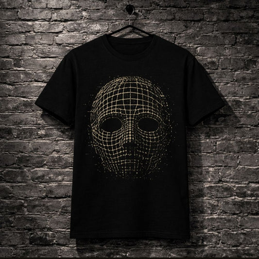 A black short-sleeve t-shirt hanging on a black hanger against a dark gray brick wall. The shirt features a large graphic print of a wireframe digital mask in a gold/yellow color.