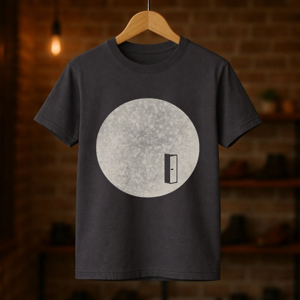 Dark gray t-shirt with a circular design on a wooden hanger against a blurred brick wall background.