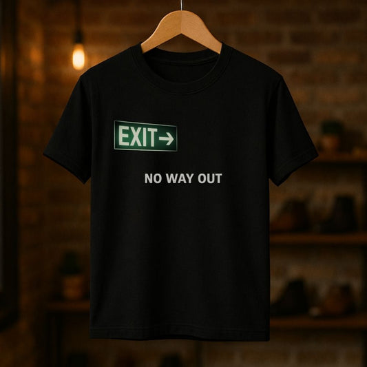 Black t-shirt with 'EXIT NO WAY OUT' text on a wooden hanger against a dark background