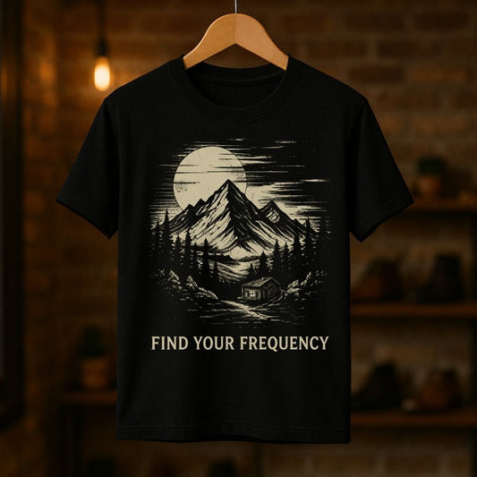 Black t-shirt with mountain and moon design on a hanger against a dark background