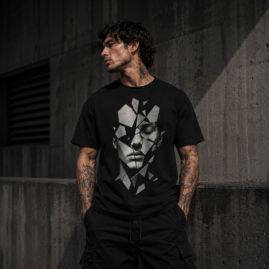 Man wearing a black t-shirt with a geometric face design against a dark background