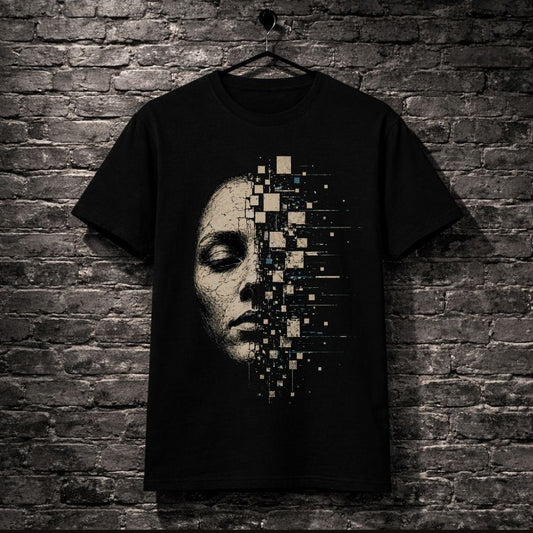 A black short-sleeve t-shirt hanging on a black hanger against a dark gray brick wall. The shirt features a graphic print of a woman's face in profile, with the right side dissolving into a geometric pixelated pattern of beige and light blue squares.