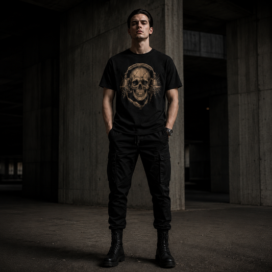 Person wearing a black t-shirt with a skull design in a dark, industrial setting