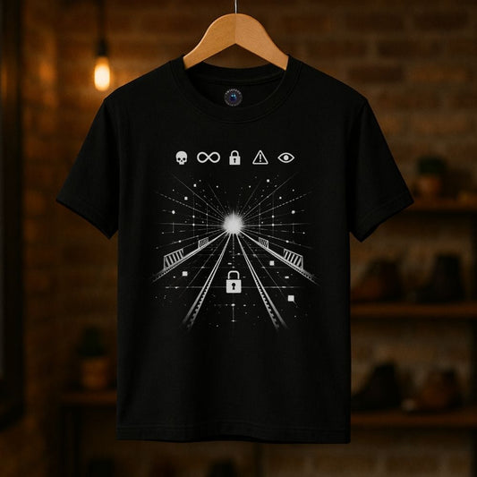 Surreal sci-fi t-shirt hanging in studio lighting with a glowing digital pathway and symbolic icons design