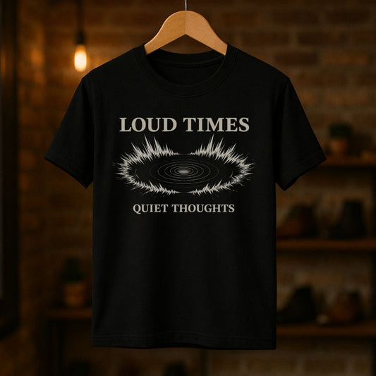 Black Loud Times Quiet Thoughts graphic t-shirt hanging on wooden hanger in warm studio with abstract soundwave vinyl design