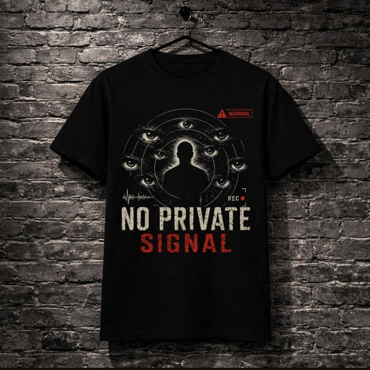 Black t-shirt with graphic design and text 'No Private Signal' on a brick wall background