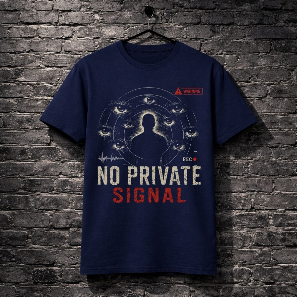 Navy blue t-shirt with graphic design and text 'No Private Signal' on a brick wall background