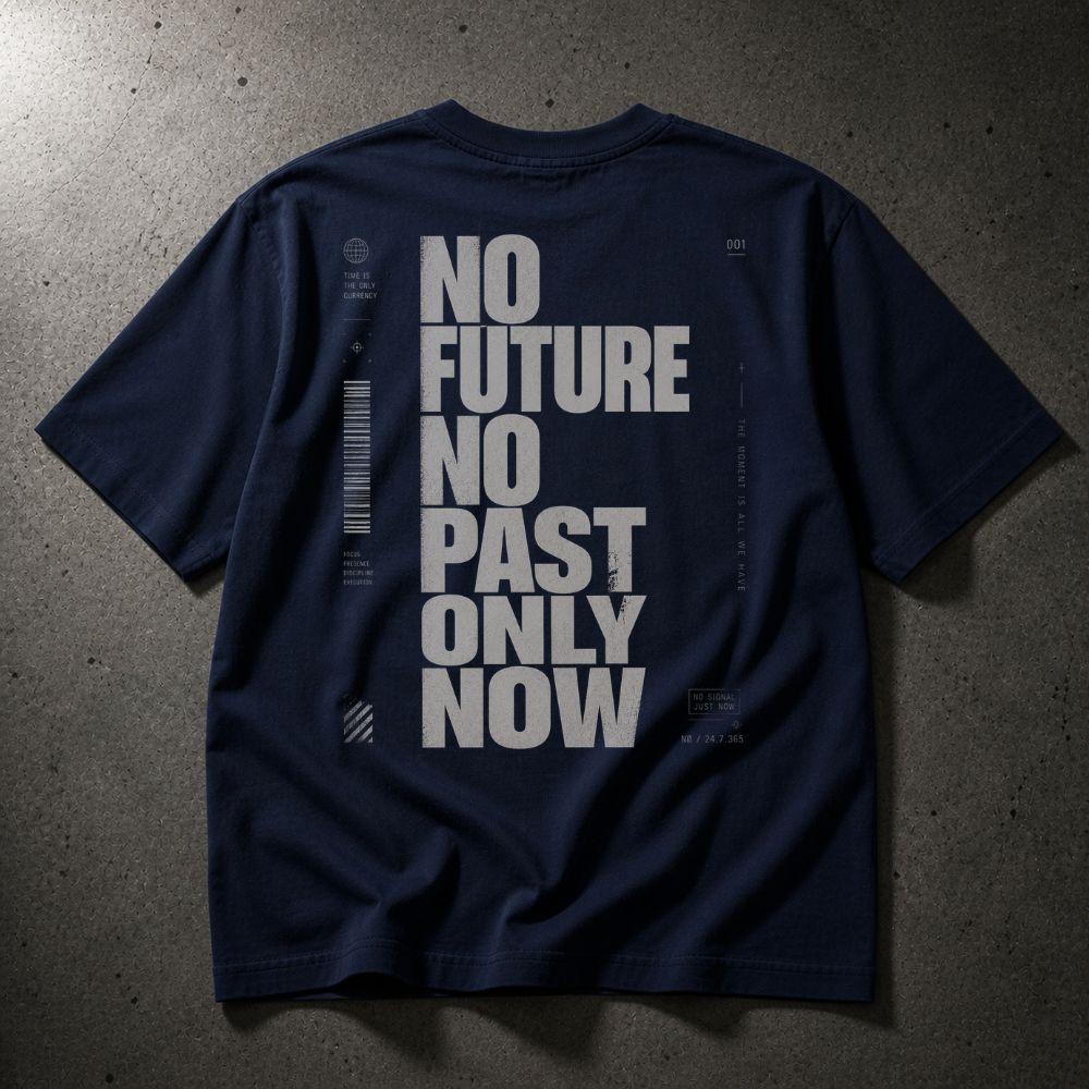 Navy blue t-shirt with white text on a gray concrete surface