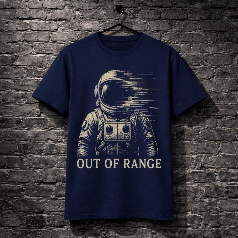 Navy blue t-shirt with an astronaut graphic and 'Out of Range' text on a brick wall background
