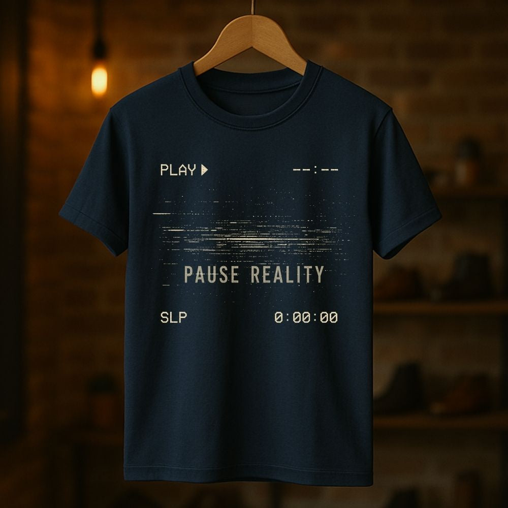 Navy blue t-shirt with text design on a wooden hanger against a dark background