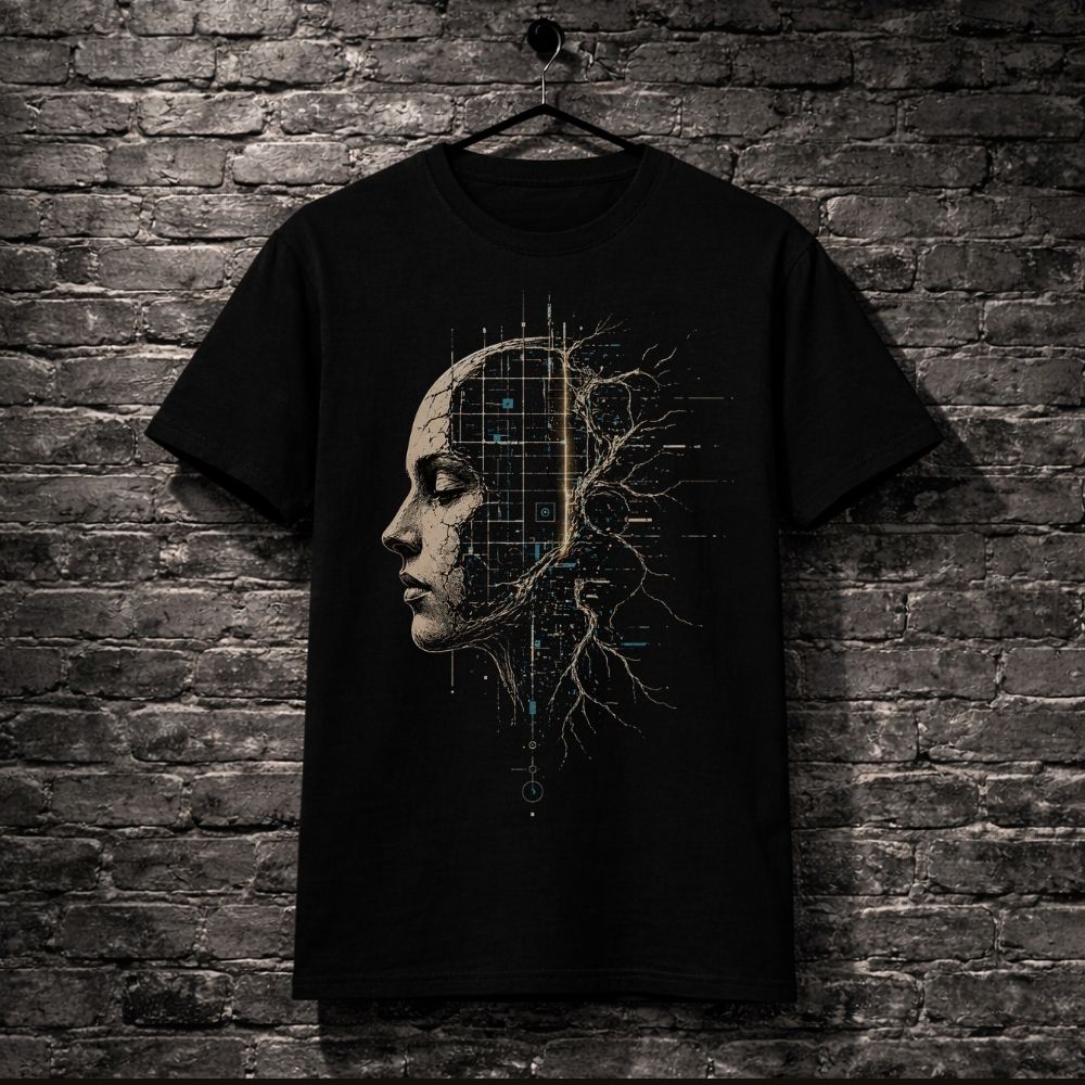 Black t-shirt with a graphic design of a face and roots on a brick wall background