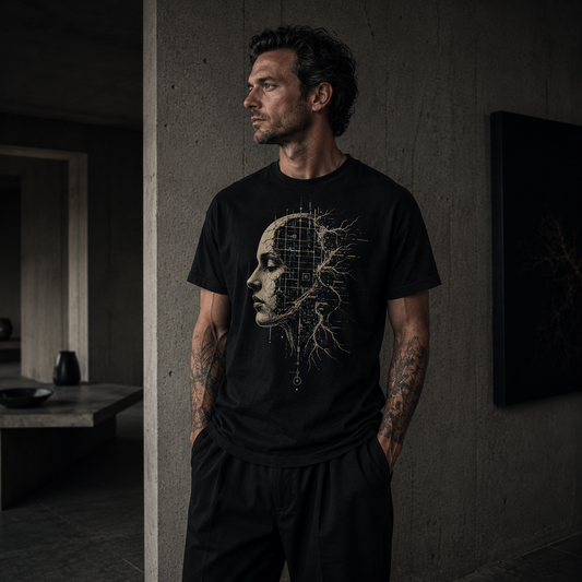 Man wearing a black t-shirt with a graphic design in a dimly lit room.