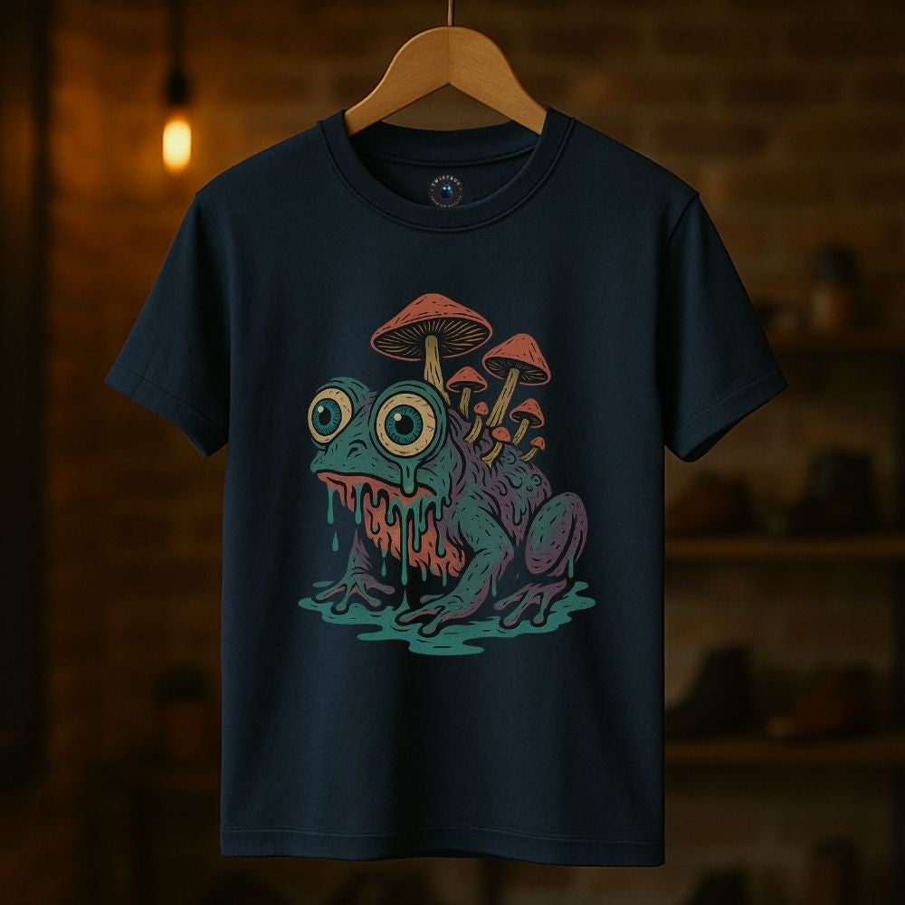 Navy blue T-shirt with surreal frog and mushroom illustration, psychedelic creature graphic on hanger