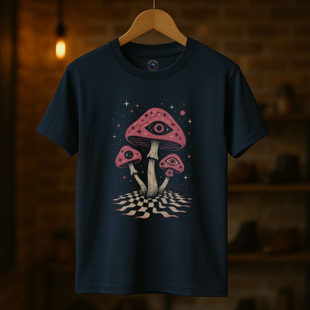 Navy blue T-shirt with cosmic psychedelic mushroom illustration featuring eye symbolism