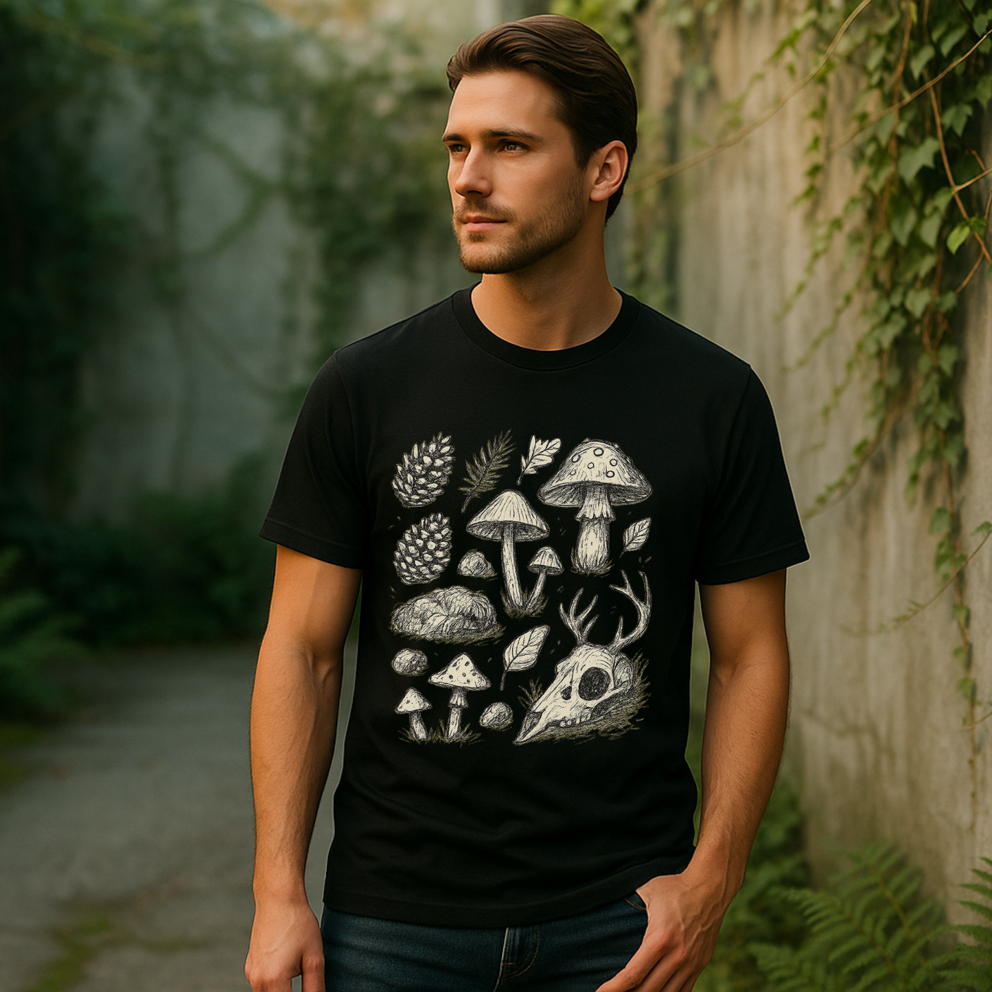 Forest Relics Tee — Forager Grid of Mushrooms & Antler Skull