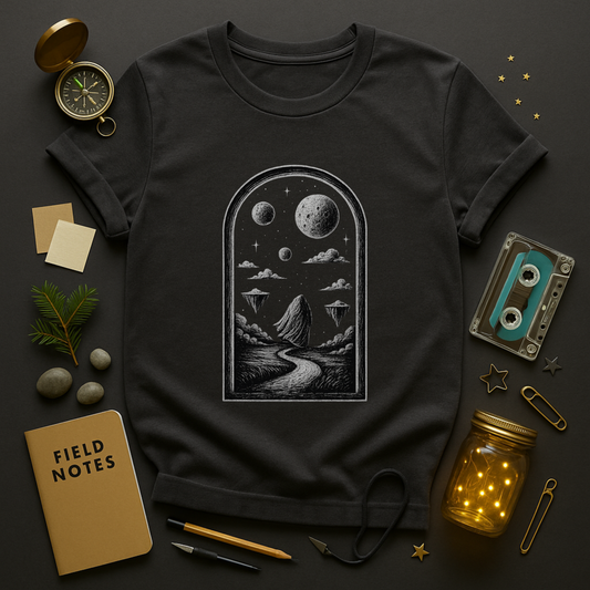 Window to the Cosmos — Celestial Arched Landscape Graphic T-Shirt