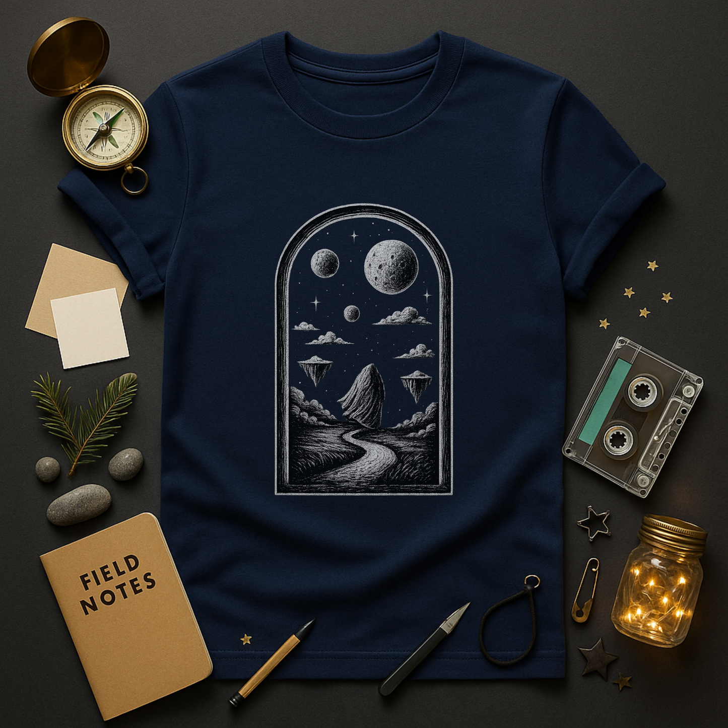 Window to the Cosmos — Celestial Arched Landscape Graphic T-Shirt