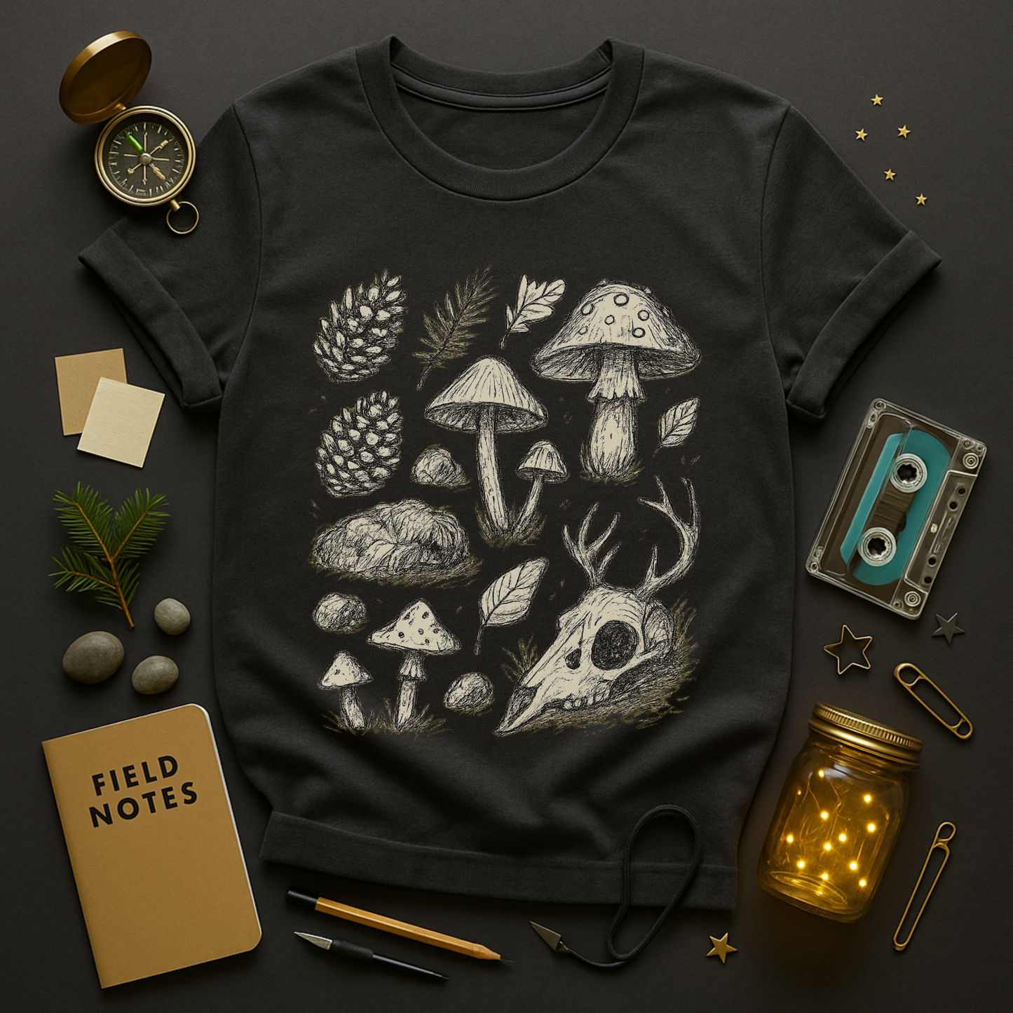 Forest Relics Tee — Forager Grid of Mushrooms & Antler Skull