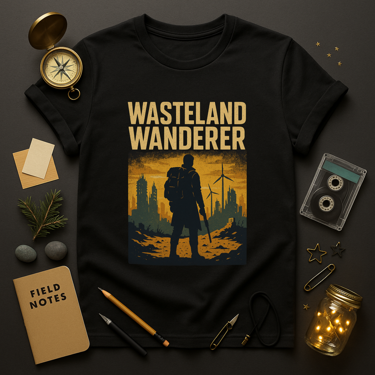 “Wasteland Wanderer t-shirt with lone survivor silhouette, ruined city and wind turbines in bone/gold on black”
“Post-apocalyptic survival graphic tee—hand-drawn distressed print on black cotton”