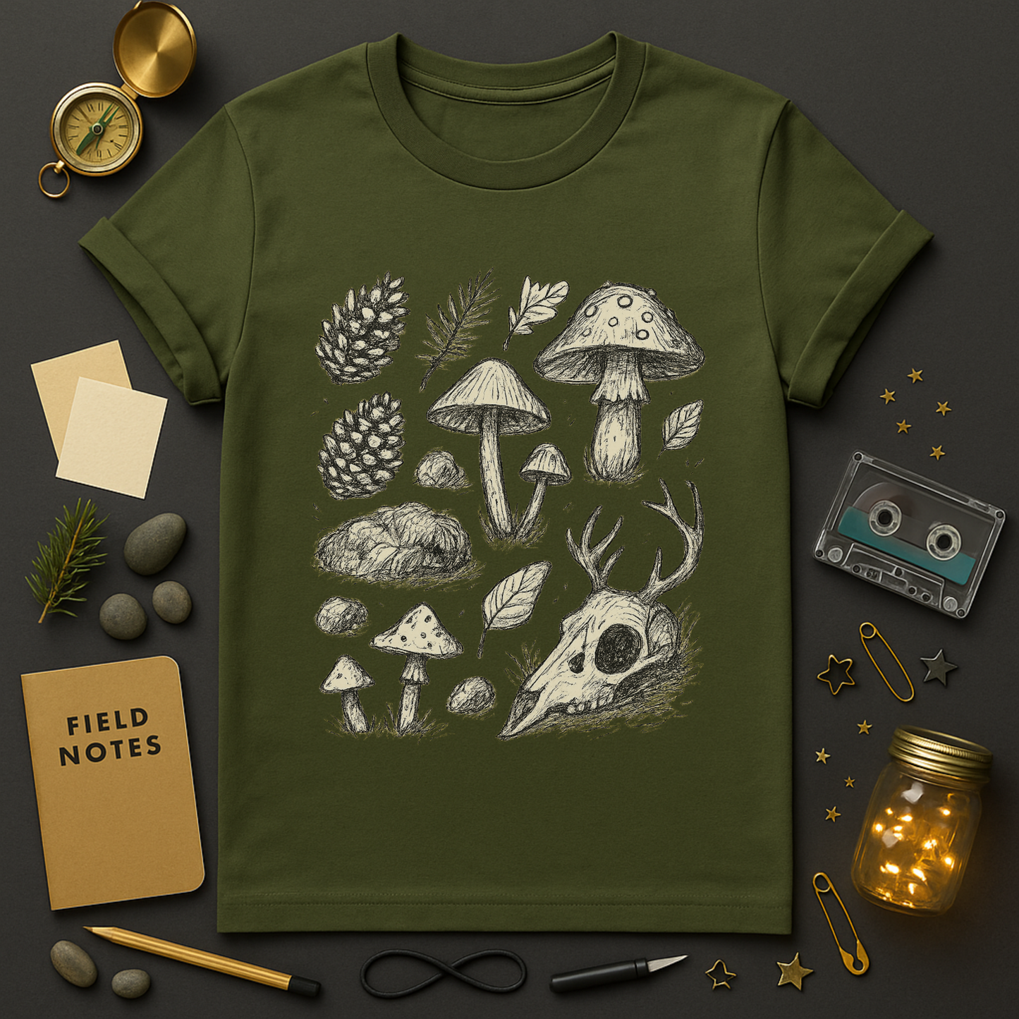 Forest Relics Tee — Forager Grid of Mushrooms & Antler Skull